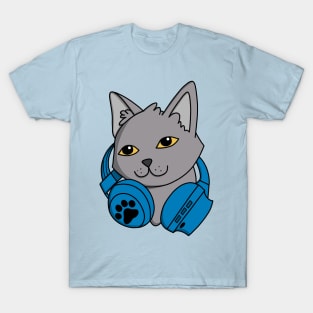 British Shorthair Cat's Blue Headphones T-Shirt